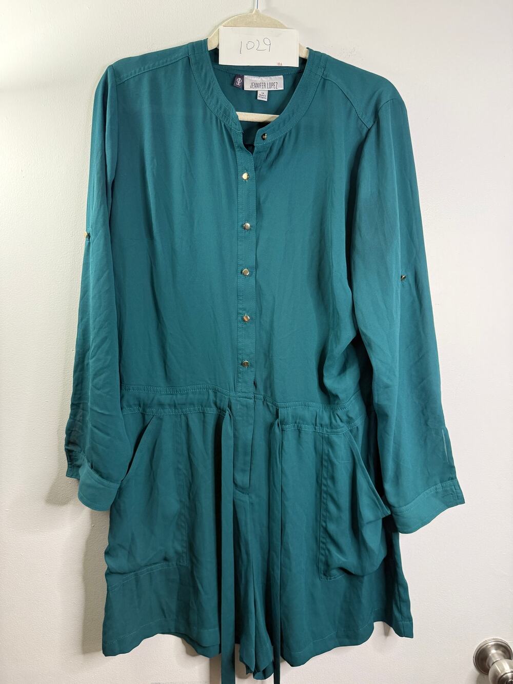 Jennifer Lopez 14 Teal Utility Romper Button Front Roll Tab Sleeves NWT JLO
